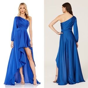 MAC DUGGAL‎ One Shoulder Long Sleeve Cobalt Pleated Satin High Low Formal Gown 8